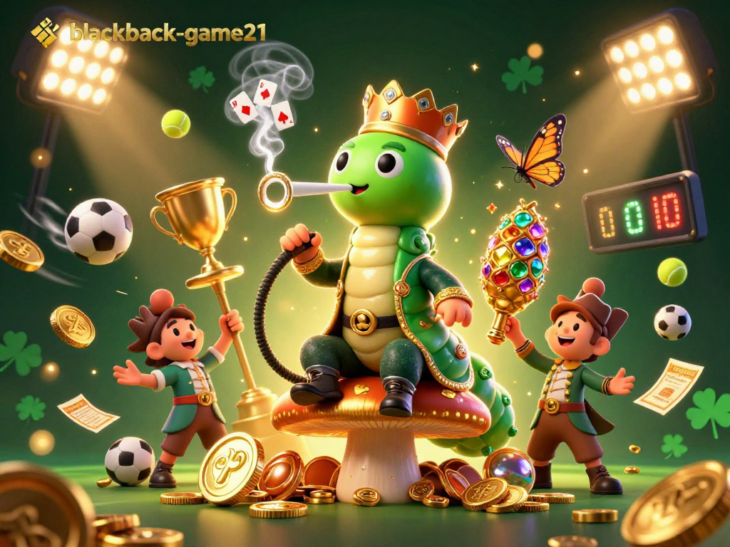Experience strategic gameplay at blackjack-game21 with a 3D cartoon caterpillar in a Turkish sultan outfit.