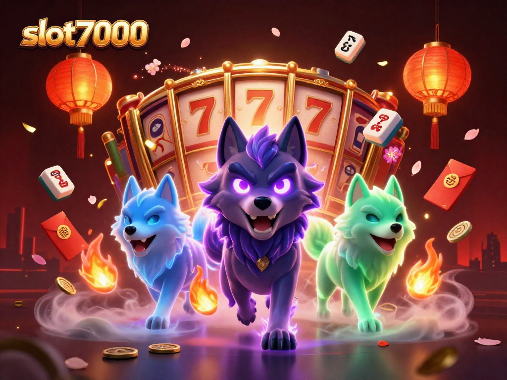 Mainkan slot7000 dengan pemimpin serigala bercahaya dan simbol keberuntungan di sekitar.