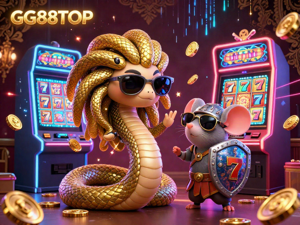 Engage with GG88TOP, a lively 3D casino scene featuring Medusa and a warrior mouse amidst slot machines and arcade games.