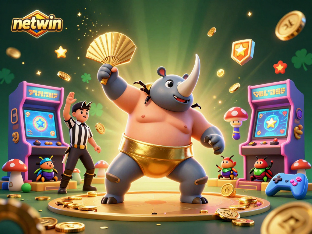 Engage with netwin's exciting gaming experience featuring a sumo beetle champion amidst colorful arcade elements.