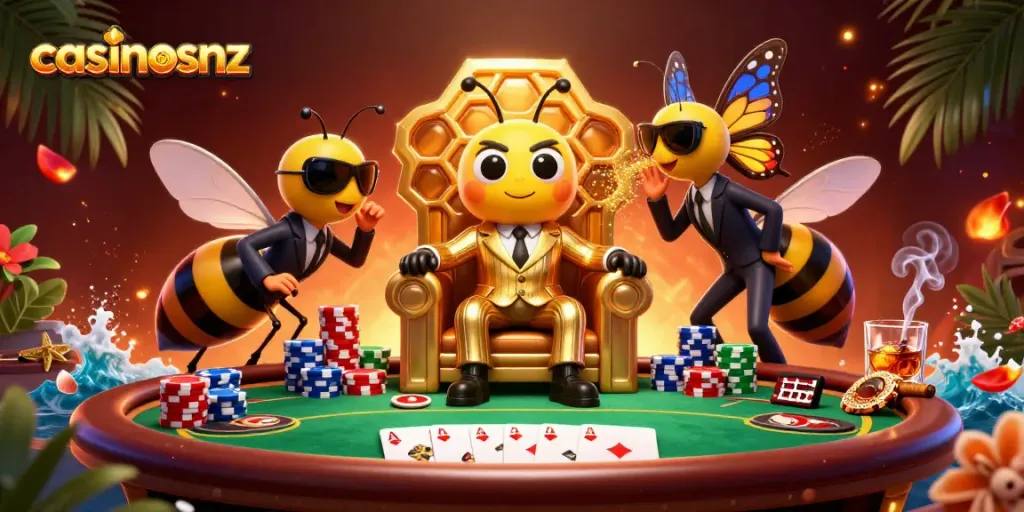 Engage in exhilarating gameplay at casinosnz with poker chips and a bustling casino atmosphere.