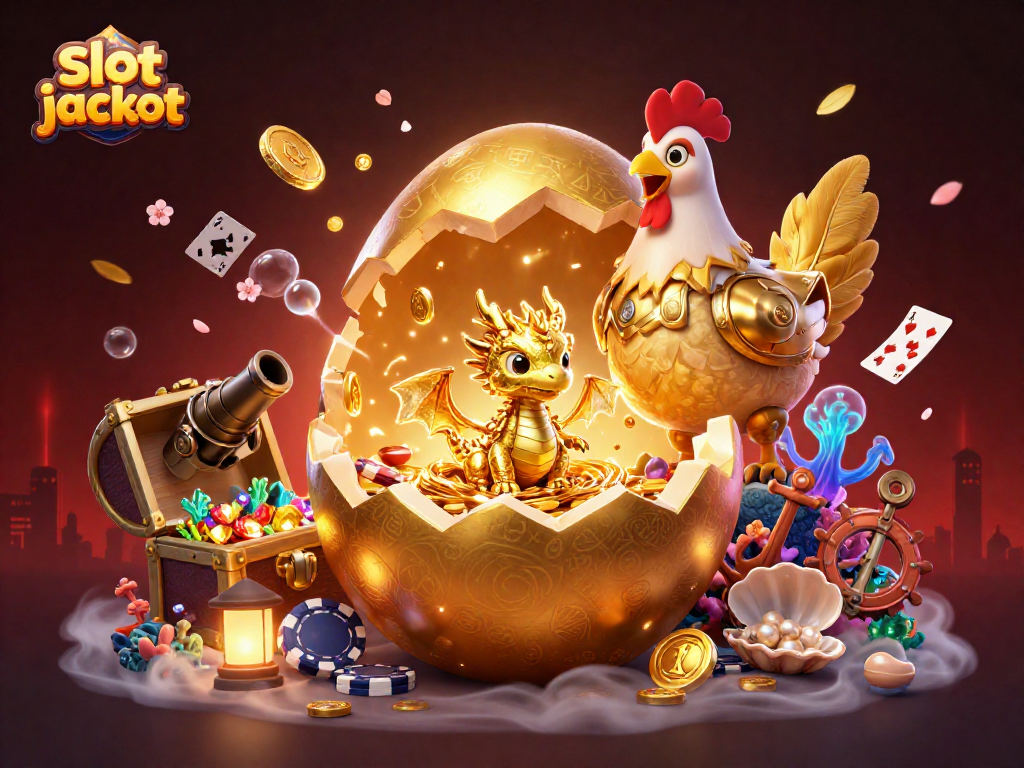Menangkan slot jackpot dengan naga emas dan poker chip dalam ilustrasi kasino 3D