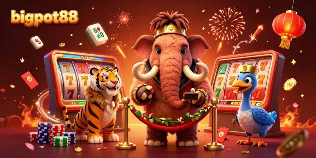 bigpot88 memeriksa ID pengunjung kasino dengan gembira, dikelilingi oleh slot dan elemen keberuntungan.
