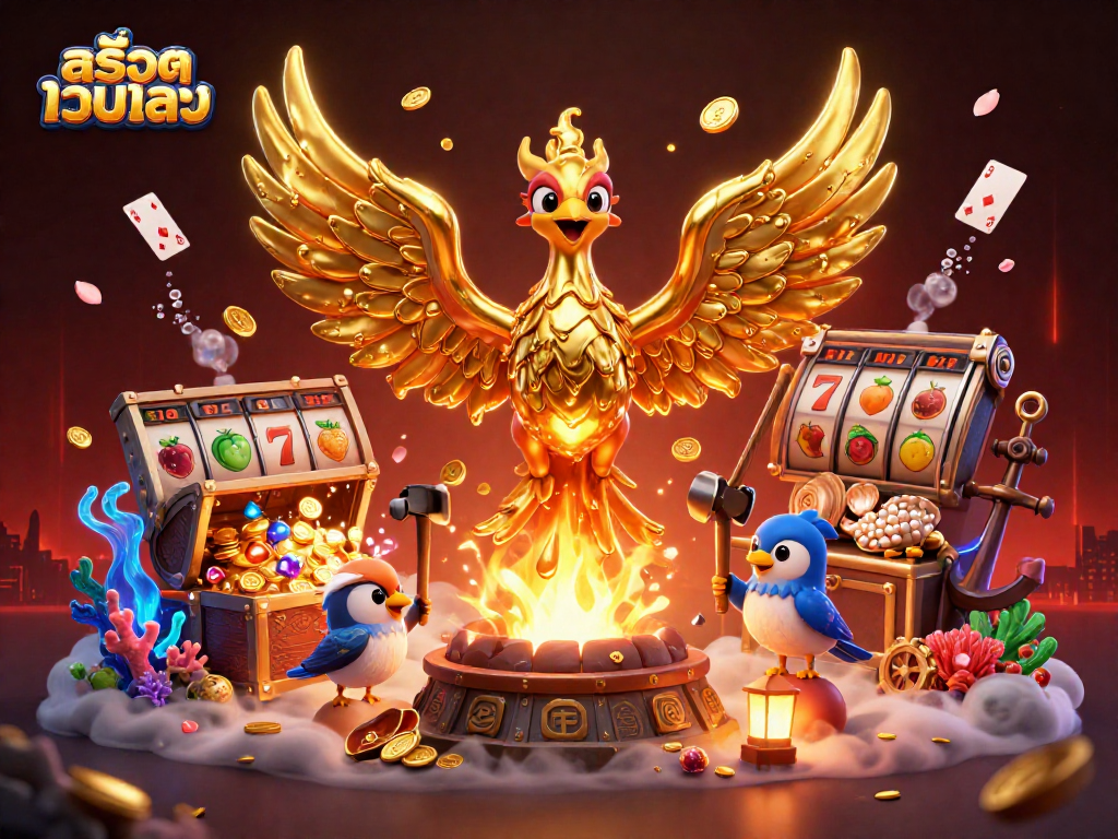 Experience excitement in สล็อตเว็บตรง with golden phoenix, coins, and vibrant casino elements bursting around.