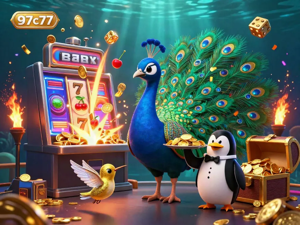 Experience the excitement of 97c77 with our vibrant 3D casino illustration showcasing a peacock, penguin, and hummingbird amidst a jackpot explosion.