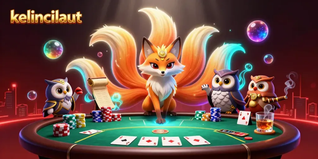 Engage in thrilling poker action with kelincilaut's vibrant 3D casino scene full of colorful characters and game elements.