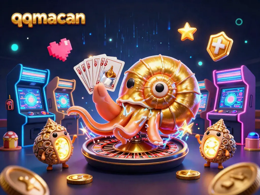Play exciting games on qqmacan with a vibrant 3D casino scene showcasing a nautilus roulette wheel.