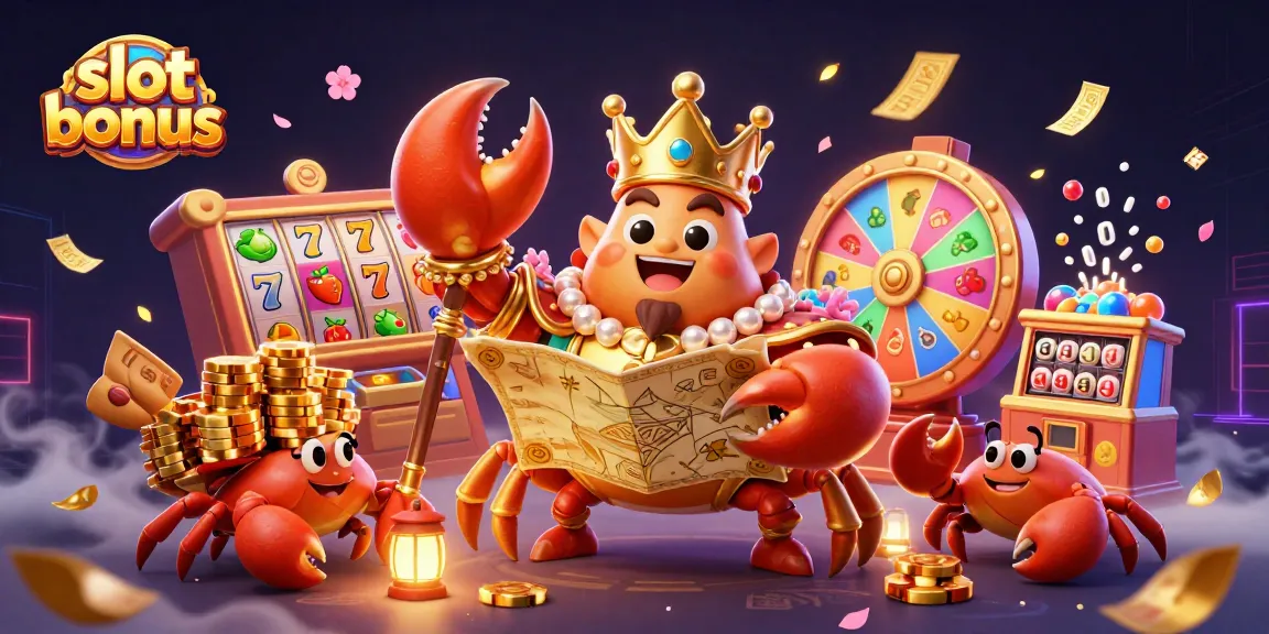 Win amazing slot bonuses with vibrant game elements and a golden crab emperor illustration.