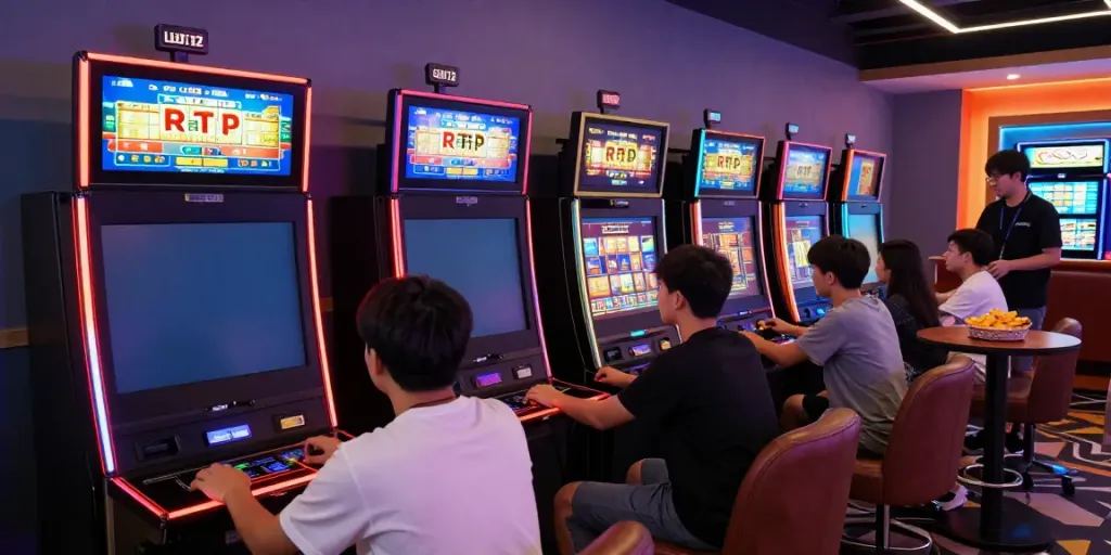 Players enjoying the exciting atmosphere of luxury12 slot gaming lounge with modern machines and vibrant lighting