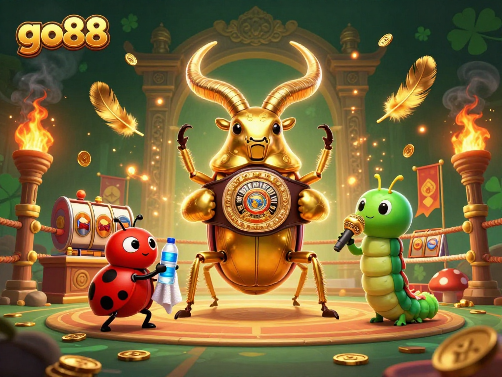 Engage with go88's thrilling atmosphere, showcasing a giant beetle boxer, showcasing vibrant action and dynamic gaming elements.
