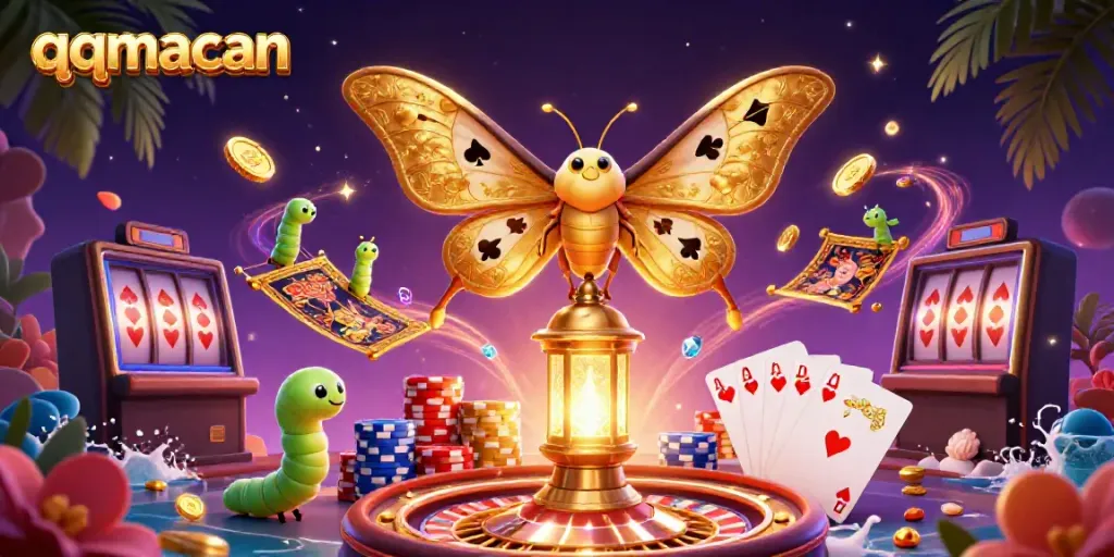 Experience thrilling games at qqmacan with vibrant elements like golden coins and playing cards.