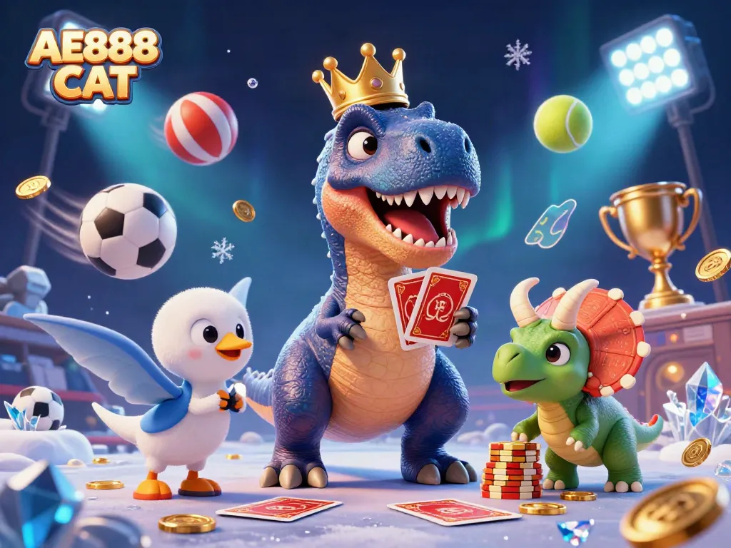 Engage in exciting online betting with AE888 CAT featuring animated casino characters and vibrant sports elements.