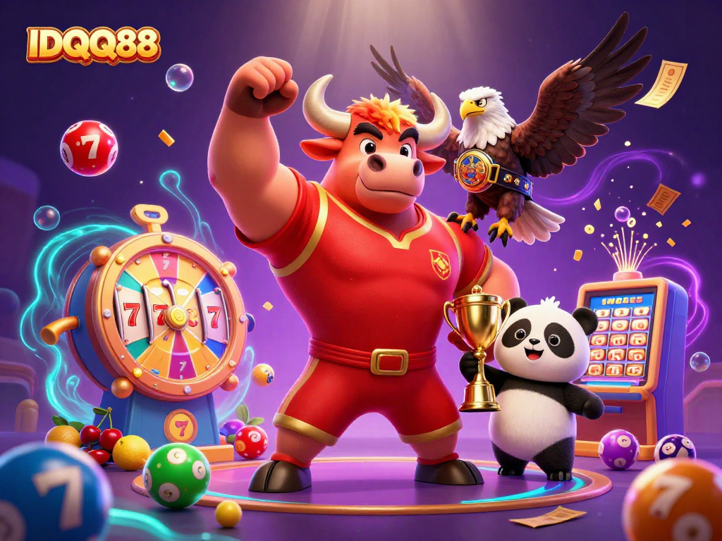 Experience the excitement with IDQQ88 as the muscular bull celebrates victory alongside a golden trophy panda.