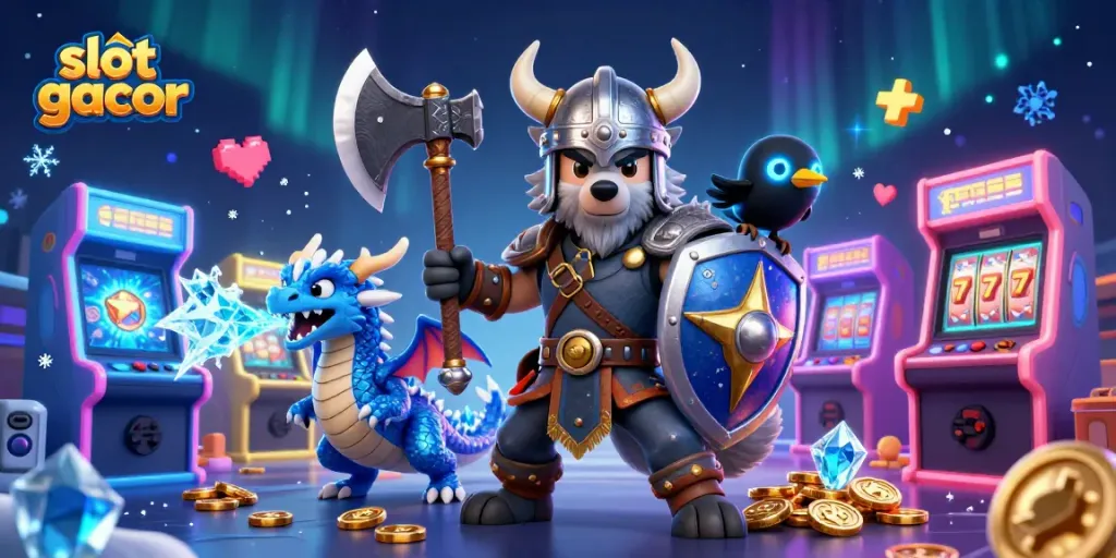 Spin the reels for wins at slot gacor with a Viking warrior and dragon in a vibrant casino scene.