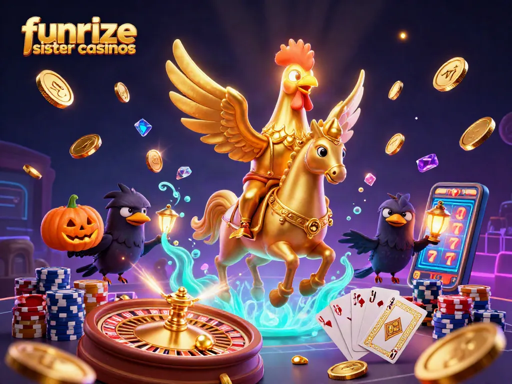 Experience the thrill with funrize sister casinos, featuring a golden rooster amidst a vibrant casino scene.