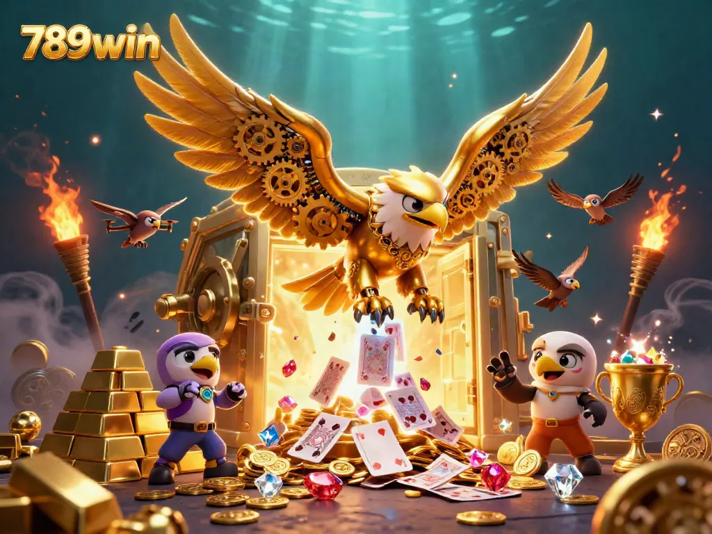 Experience thrilling gaming at 789win with a cybernetic eagle amidst dazzling casino treasures.