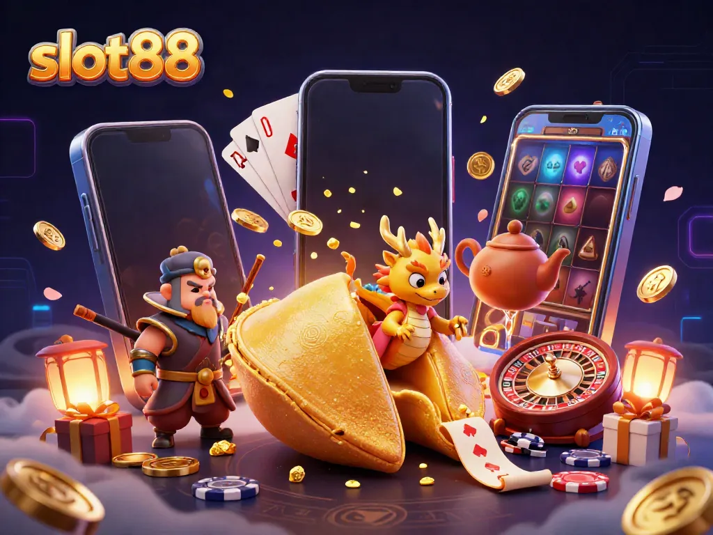 Visual slot88 yang menarik dengan karakter kartun dan elemen kasino, sajikan permainan slot dengan gaya yang memukau.