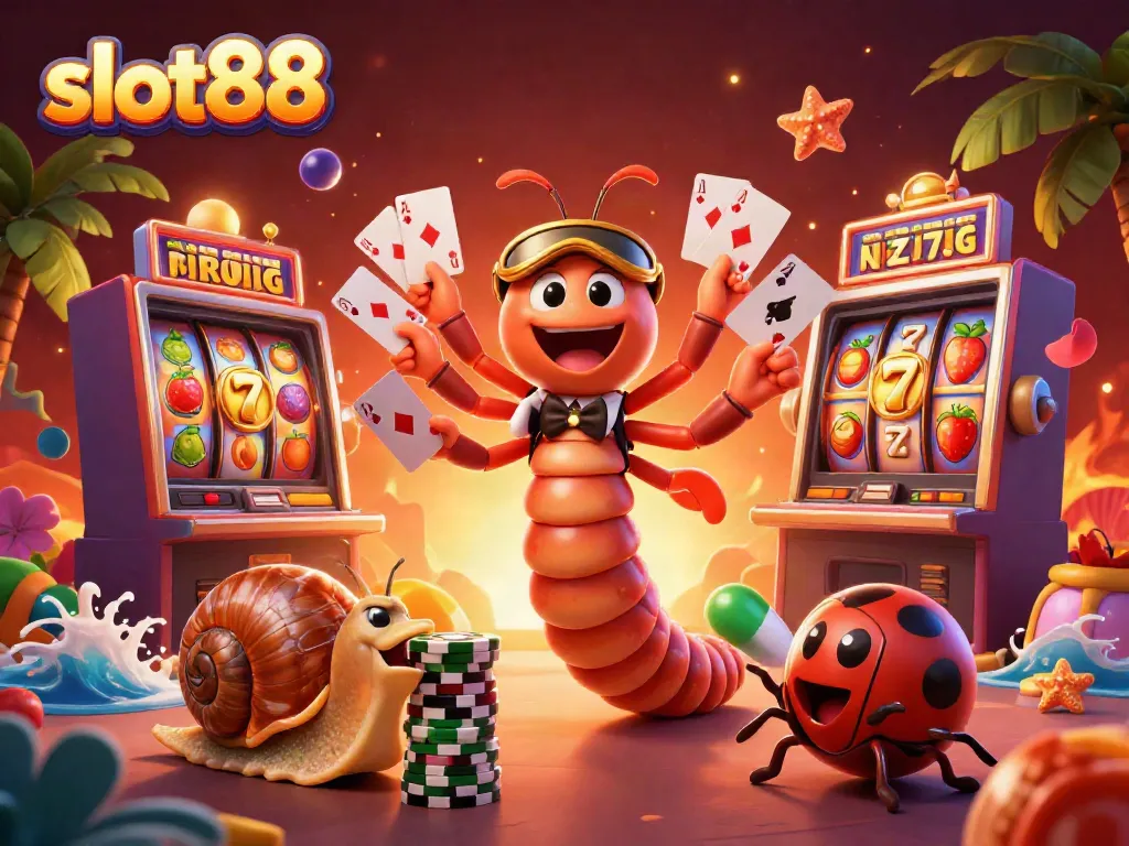 Slot88 menghadirkan dealer serangga berinteraksi dengan pemain, simbol slot, dan suasana kasino yang mengasyikkan.