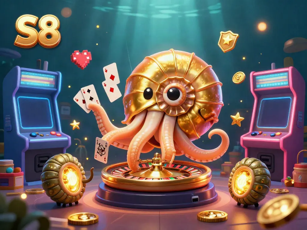S8-themed illustration of a giant nautilus roulette wheel surrounded by vibrant casino elements and game machines.