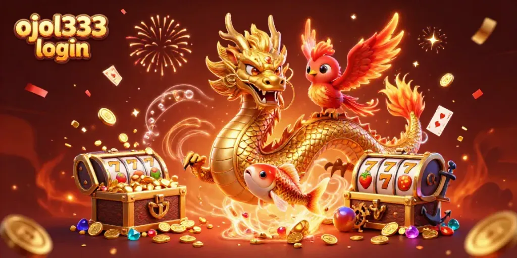 Engage in thrilling gameplay with ojol333 login as a golden dragon, phoenix, and koi fish celebrate abundance in this dynamic casino illustration.