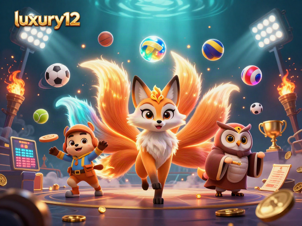 Engage in luxury12 betting strategies with a vibrant 3D illustration capturing a nine-tailed fox and sports elements.