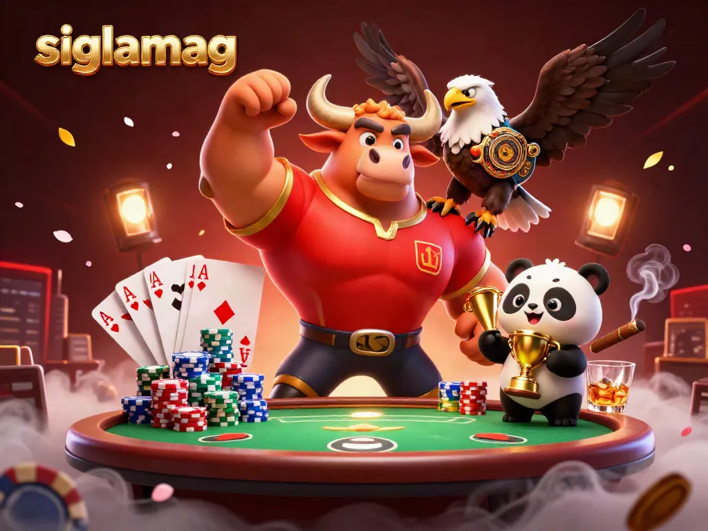 Masukkan informasi menarik tentang siglamag dengan karakter banteng kartun yang beraksi dan elemen poker.