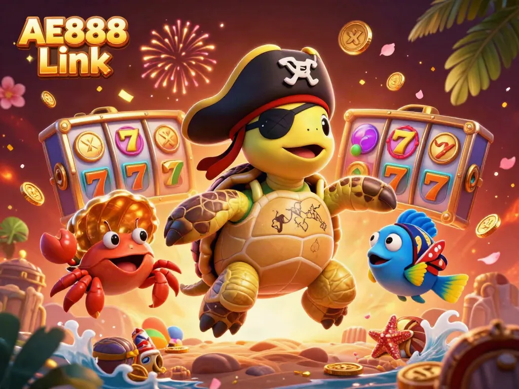 Engage with the colorful 3D scene of AE888 Link featuring a pirate turtle surrounded by rich casino elements.