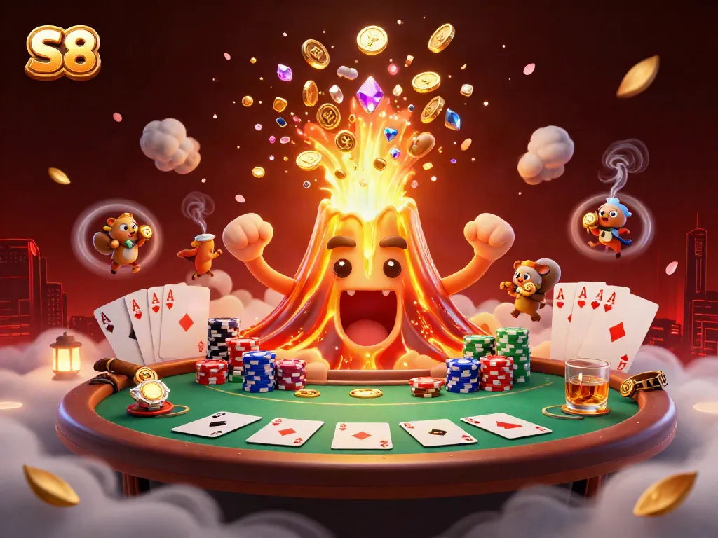 Experience the thrill of S8 with a vibrant casino scene featuring a triumphant volcano and rich poker elements.