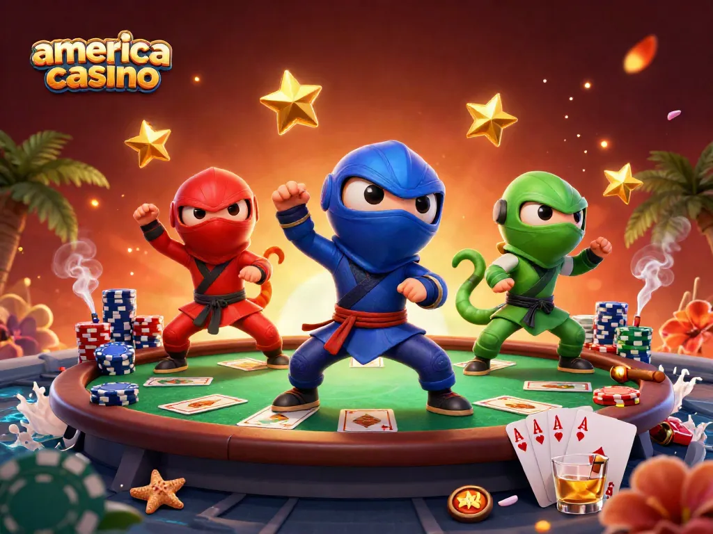 Experience thrilling adventures at america casino with ninja chameleons surrounded by poker excitement.