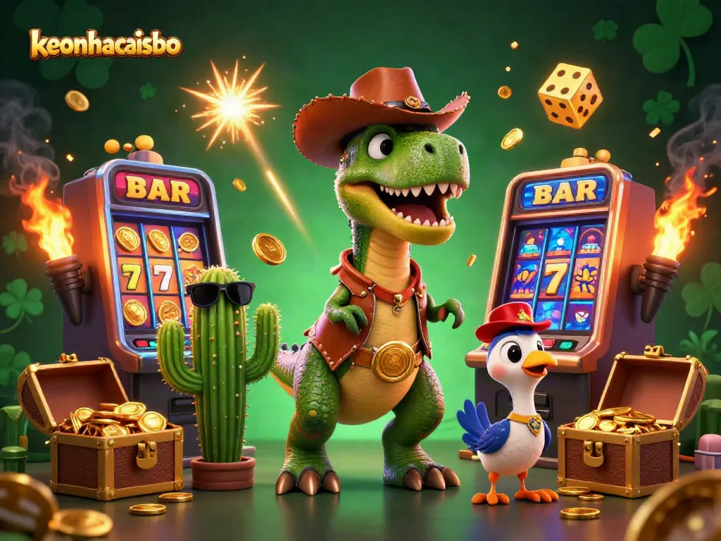 Engage with keonhacaisbo through a lively T-Rex cowboy and friends in a vibrant casino scene.