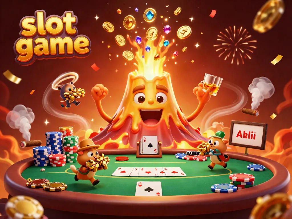Experience the excitement of slot game with a triumphant volcano fountain of treasure amidst poker chaos.