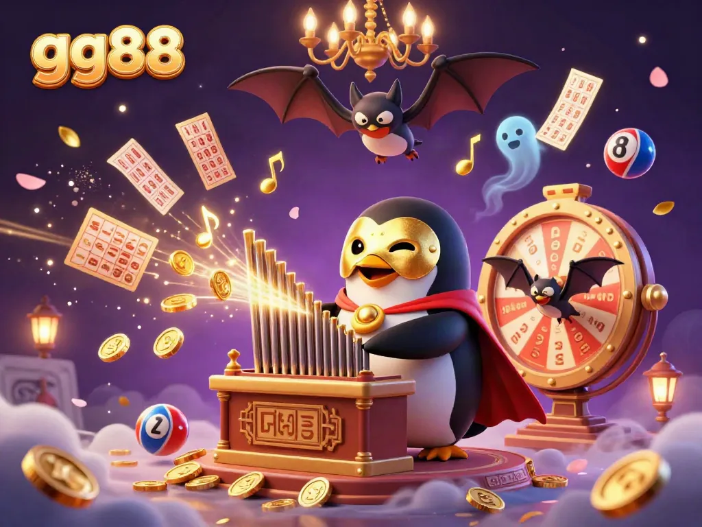 Engage in winning strategies at gg88 with a vibrant 3D illustration of a cartoon penguin playing a golden organ shooting coins.