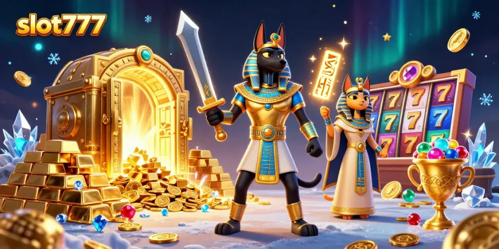 Engage in thrilling gameplay with slot777 featuring Anubis and treasures in a rich casino setting.