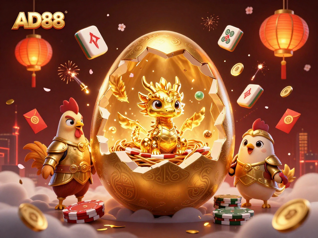 Win big at AD88 with an enchanting dragon emerging from a golden egg amidst poker chips and festive decorations.