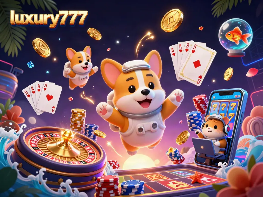 Experience excitement with luxury777 as an astronaut corgi plays amidst coins and gems in a thrilling casino atmosphere.