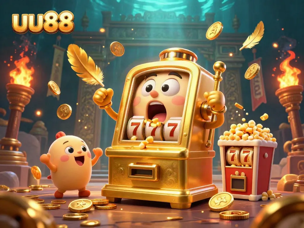 Engage with the uu88 golden slot machine hitting a jackpot, surrounded by cheering smaller machines and coin excitement.