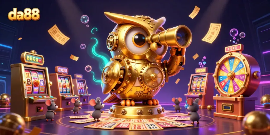 Experience thrilling gaming at da88 with golden owls, colorful slots, and vibrant jackpot elements.