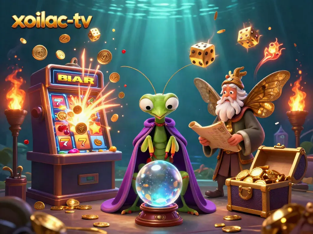 Experience thrilling moments with xoilac-tv featuring vibrant casino illustrations of animated characters and slot elements.