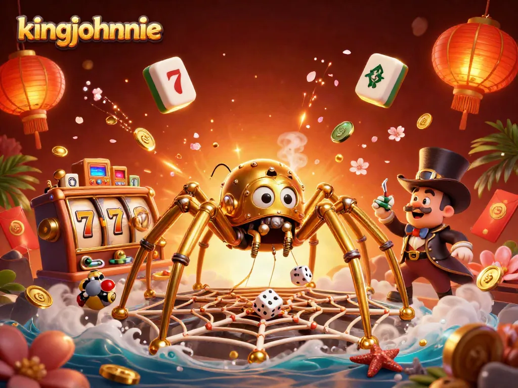 Spin fortune with kingjohnnie's vibrant casino scene showcasing rich gambling elements and playful characters.