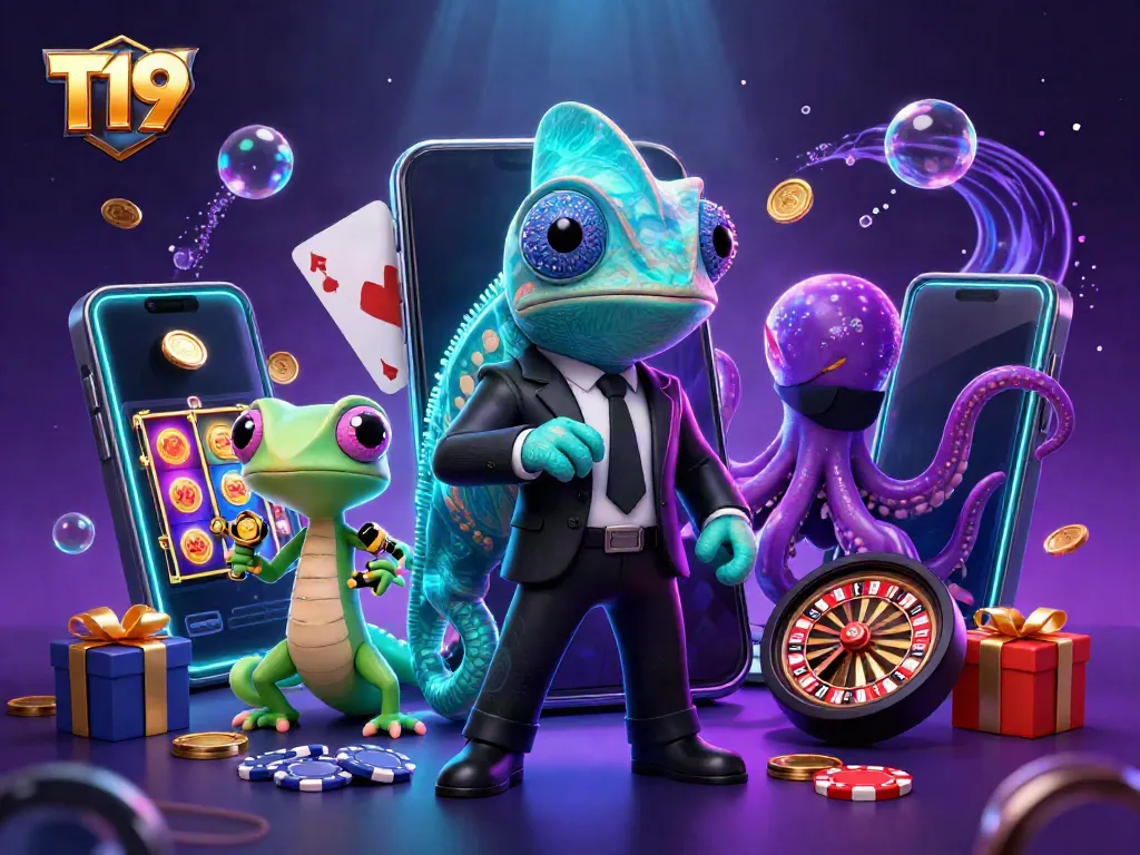 T19 illustrates a vibrant casino scene with a secret agent chameleon, tech-gecko, and octopus, showcasing gaming excitement.