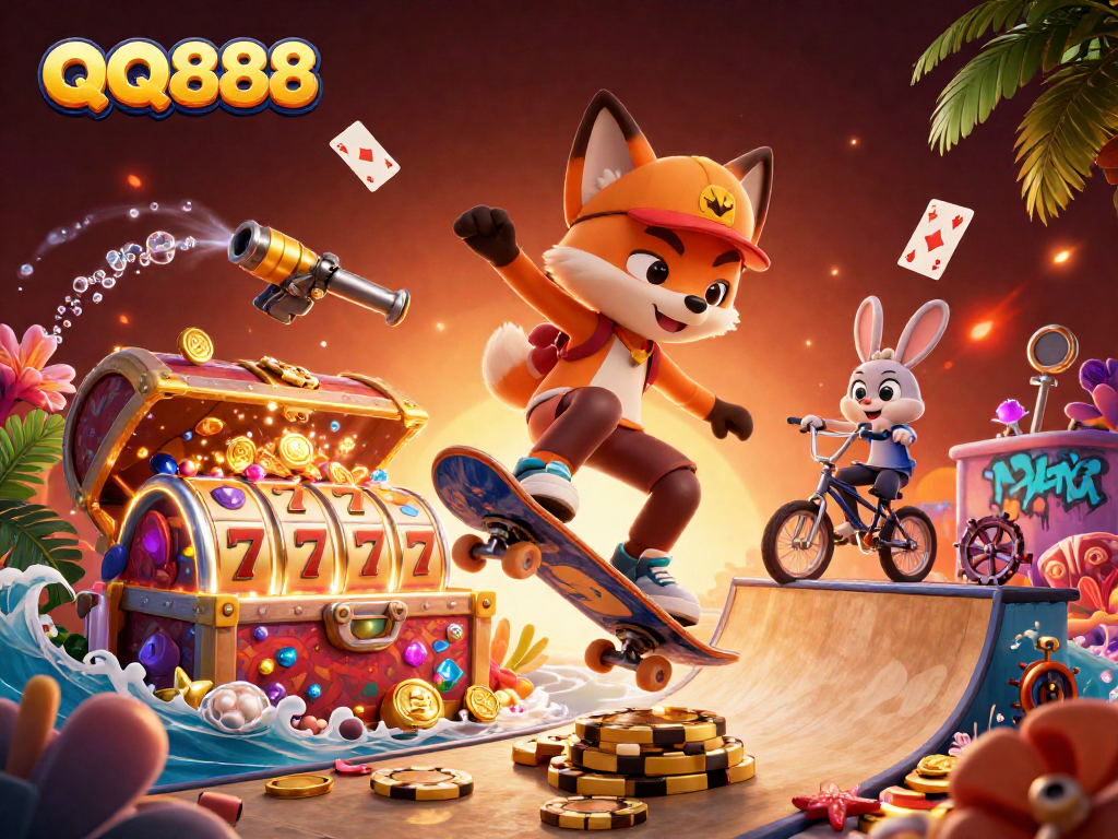 Experience thrilling wins at QQ888 with an action-packed scene of a skateboarder fox and BMX rabbit.