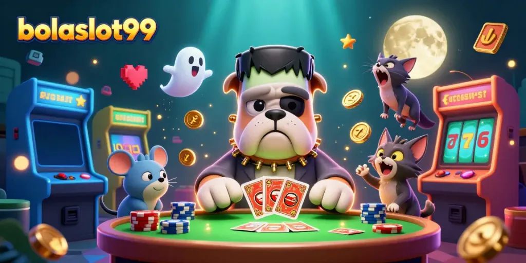 Engage in exciting games at bolaslot99 with a whimsical scene featuring a bulldog monster dealing cards.