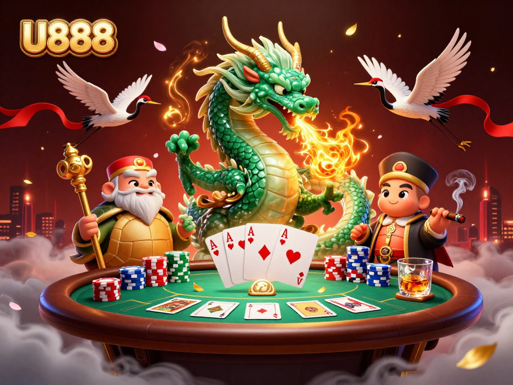 Experience the thrilling U888 casino scene with a jade dragon, turtle sage, and poker elements.