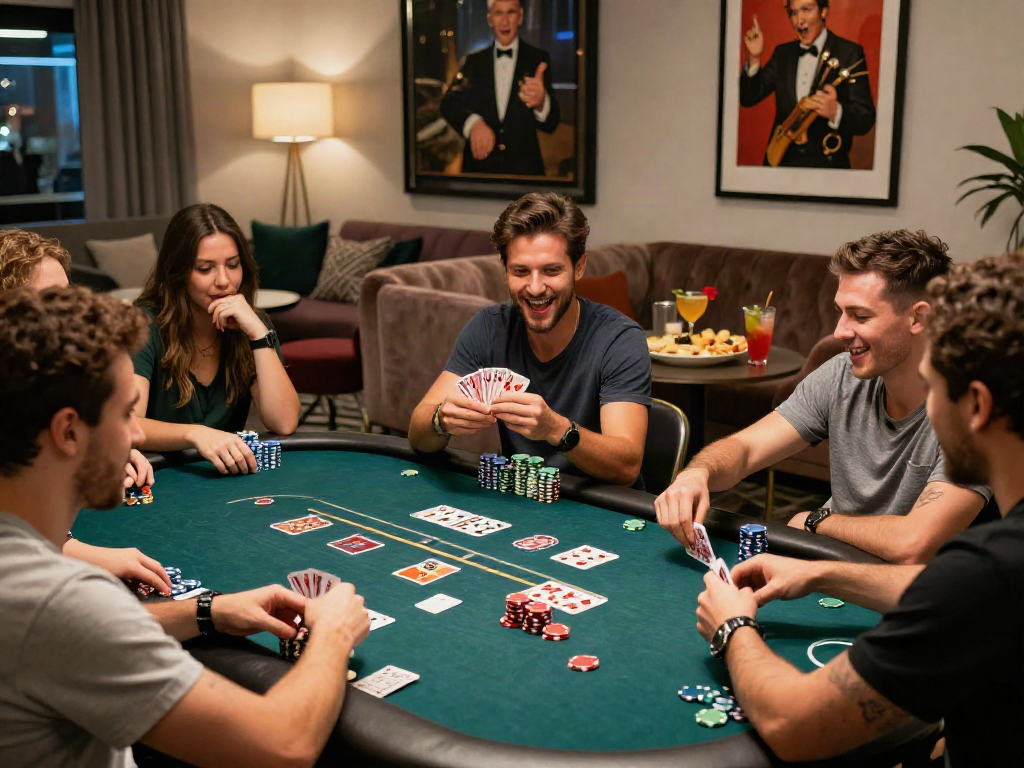 Friends enjoying a fun togel online game night with cocktails and snacks